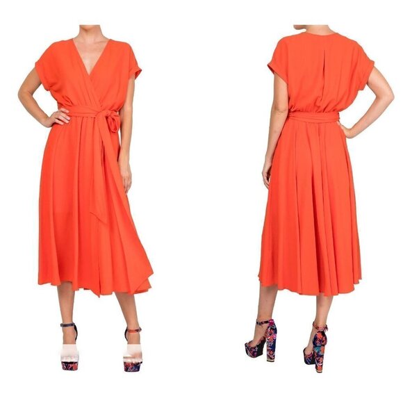 New MEGHAN LA Size M Jasmine Midi Dress wrap front w/tied waist belt Orange - Picture 1 of 13